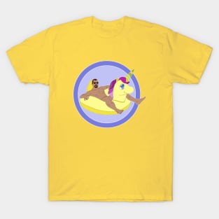 Man lying on inflatable unicorn inflatable buoy T-Shirt